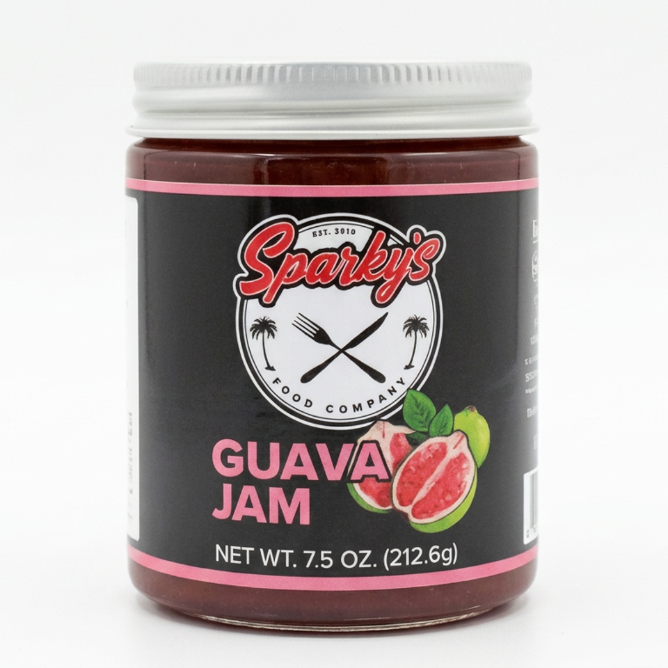 Sparky's Food Company guava jam in a glass jar with a white lid and pink-and-black label.