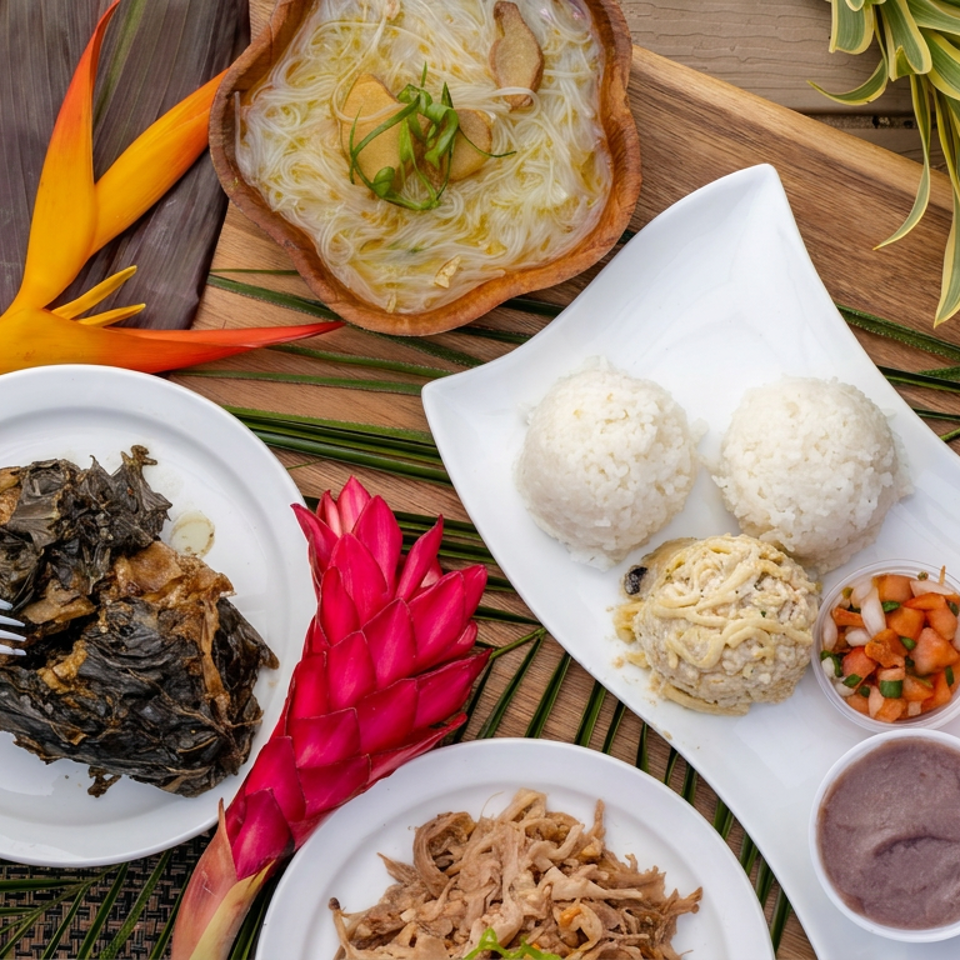 Overhead spread of Southeast Asian dishes, including rice, noodles, fried fish, vegetables, purple dessert, and tropical flowers on wooden table.