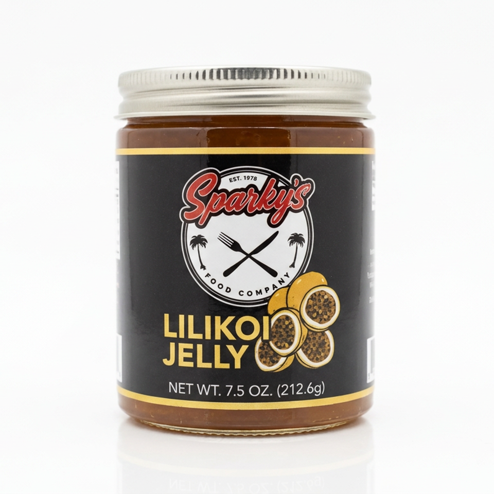 Jar of Sparky’s Food Company lilikoi jelly, featuring a black-and-gold label and passion fruit illustrations.