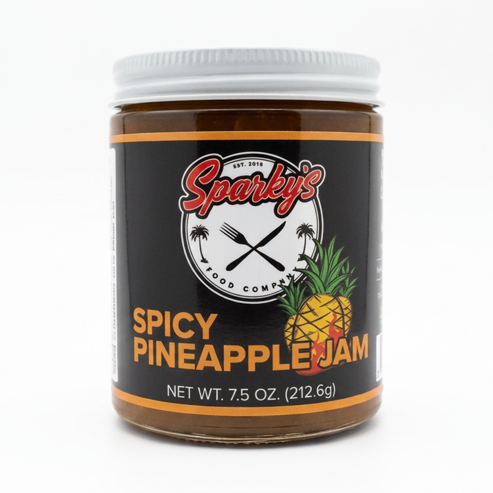 Jar of Sparky’s Food Company spicy pineapple jam with a black label and pineapple illustration.