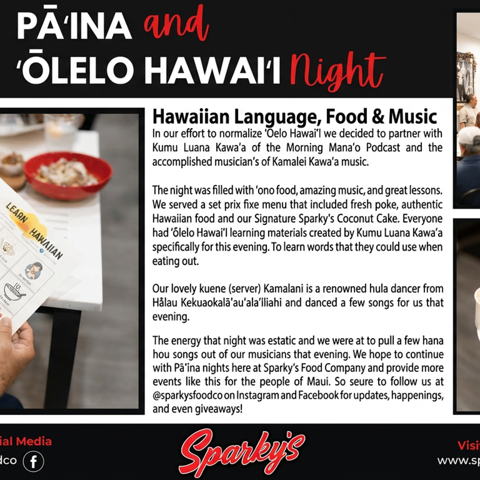 Sparky’s Pa‘ina and ‘Olelo Hawai‘i Night flyer featuring Hawaiian food, language lessons, live music, dancing, and diners.