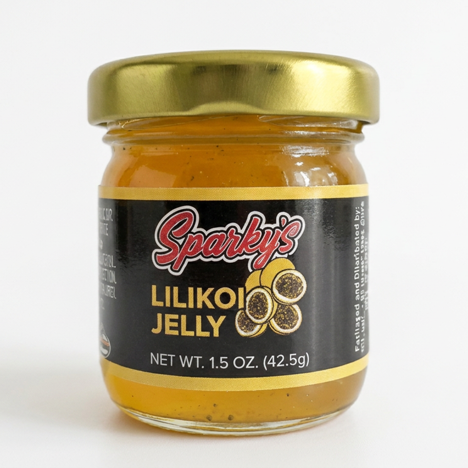 Jar of Sparky’s lilikoi jelly with a gold lid and black label, displayed against a white background.